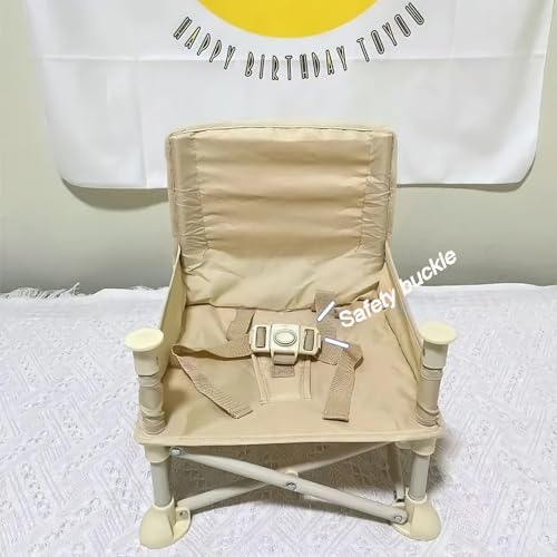 Image of Portable Folding Baby Dining Chair, Outdoor high Chair, Foldable Toddler Feeding seat with Sunshade and seat Belt (Beige Tassel Umbrella)