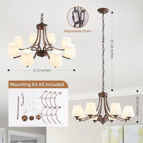 Image of 8-Light Large Rustic Chandeliers with Frosted Milky White Glass, Classic 30 inchPendant Ceiling Light, Oil Rubbed Bronze Durable Metal Hanging Fixture for Dining Room, Living Room, Kitchen, Farmhouse