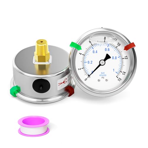 BOGERDACK 0-15psi Stainless Steel Glycerin Liquid Filled Pressure Gauge 1/4" NPT 2.5" Face Dial Center Back Mount, for Water, Oil and Air Pressure Testing (with Range Mark Pointer)