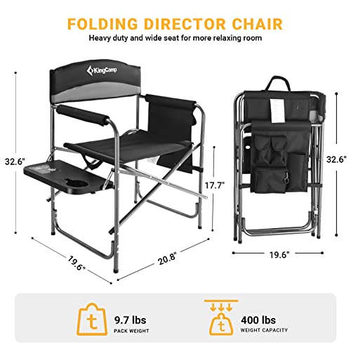 Kingcamp Camping Chairs 2 Pack With Side Table Cup Holder, Outdoor Portable Folding Directors Style For Beach Trip Lawn Picnic Patio Backyard Festival Hiking Sports Event, One Size, Black/Medium Grey #TOP1
