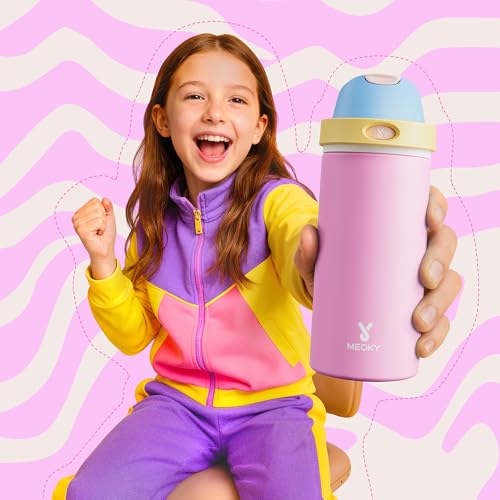 Image of 18 oz Insulated Water Bottle for Kids: Meoky Metal Water Bottle with 2-in-1 Straw and Spout Lid - Leak Proof, Cold for 24 Hours, Fits in Car Cup Holder for Girls School Sports, Fruit Punch
