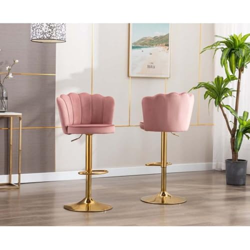 Image of Dream Furnishing - Set of 2 Bar /Kitchen Chairs 360 Degree Rotatable Swivel Elegant Classy & Comfortable Chair with Golden Base and Velvet Fabric (2 Chairs) (Pink Flower)