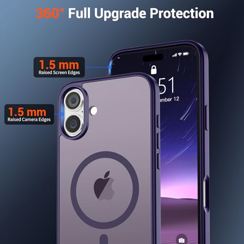 Image of SUPFINE Magnetic for iPhone 16 Plus Case(Compatible with MagSafe)(Military Grade Drop Protection) Slim Translucent Matte Shockproof with Anti-Fingerprint Phone Case,Dark Purple