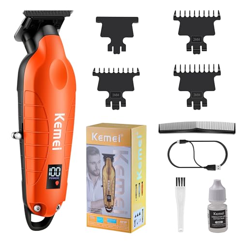 KEMEI 2293 Zero Gapped Hair Trimmer for Men, Cordless T Blade Beard Trimmer with LED Display, Professional Barber Hair Clippers, Orange