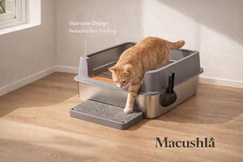 Image of Macushla Stainless Steel Cat Litter Box Half Covered with High Walls 60 * 40 * 25 cms, Anti-Scatter Design, Rust Proof Metal Litter Tray with Scoop & Mat for Kittens and Adult Cats