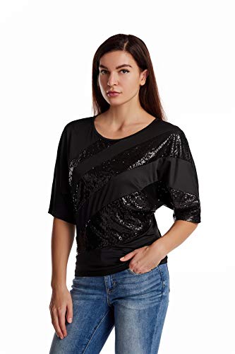 Wellotus Women's Sparkly Sequin Blouse Scoopneck Batwing Sleeve Glittery Tank Tops Costume T-Shirts (Xxxl, Black Color) #TOP2