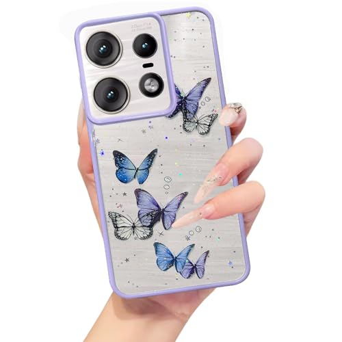 Image of VONZEE for Moto Edge 50 Pro Clear Glitter Butterfly Case, Cute Bling Sparkle Shiny Soft Silicone TPU Bumper Shockproof Women Girls Slim Protective Phone Cover for Moto Edge 50 Pro, Purple