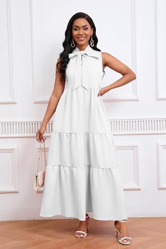 IWFEV Women's A line Tiered Dress Bowknot Sleeveless Dress Maxi Layered Dress Mock Neck Ruffle Long Dress L White - Image 6