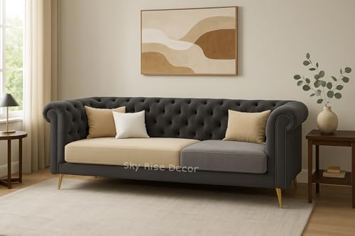 Image of Modern Classic 3 Seater Sofa Couch Fabric & Valvet Tufted Chesterfield Sofa Living Room and Office (Grey & Beige 3 Seater) | Premium Material