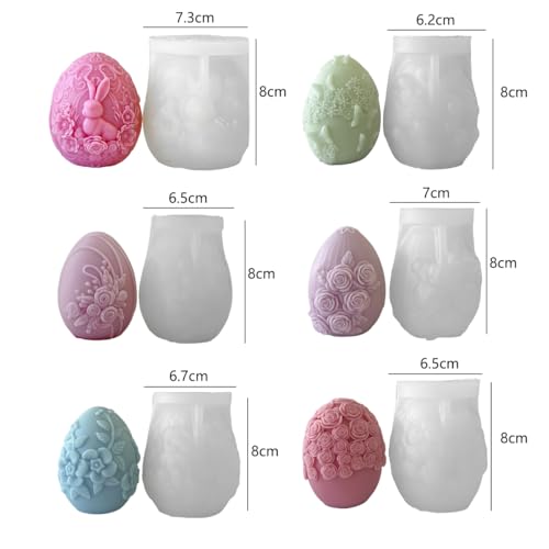 Easter Egg Silicone Molds, Rose Bunny Design Candle Making Molds Set, 6 Decorative Patterns