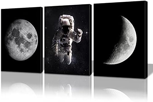 Cbaipy Space Wall Art Decor Black and White Astronaut and Planet Moon Scientific Detection Pictures 3 Pieces Giclee Print On Canvas for Living Room Bedroom Office Kids Room Ready To Hang (Spaceman, 12"x16"x3pcs)