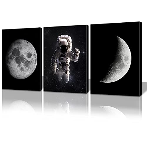 Cbaipy Space Wall Art Decor Black And White Astronaut And Planet Moon Scientific Detection Pictures 3 Pieces Giclee Print On Canvas For Living Room Bedroom Office Kids Room Ready To Hang (Spaceman, 12"X16"X3Pcs) #TOP1