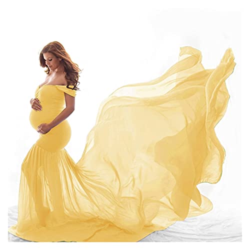 Fotografía de maternidad Pretts Plazo de embarazo Algodón + Casa de gasa Maternidad Apagado Hombro Halfo Círculo Vestido Foto de tiro Vestido Embarazado (Color : YELLOW, Maternity Size : 1869) Cover