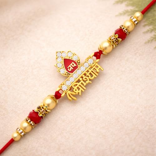 Image of Riddhika Ventures Glorious Gold Plated Auspicious Diamond Ring Rakhi with Roli Chawal and Greeting Card