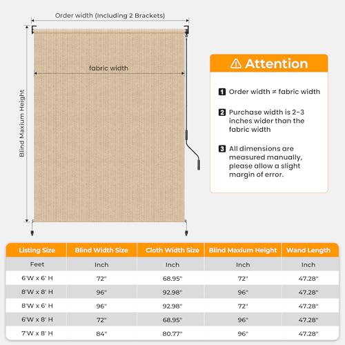 HOMEDEMO Outdoor Roller Shades for Patio, 8'W x 6' H Roll up Shade for Outside, Sun Roller Shade Cloth Roll Blinds Cordless Waterproof for Porch Gazebo Pergola Balcony Backyard Khaki by HOMEDEMO - Used condition - Image 5