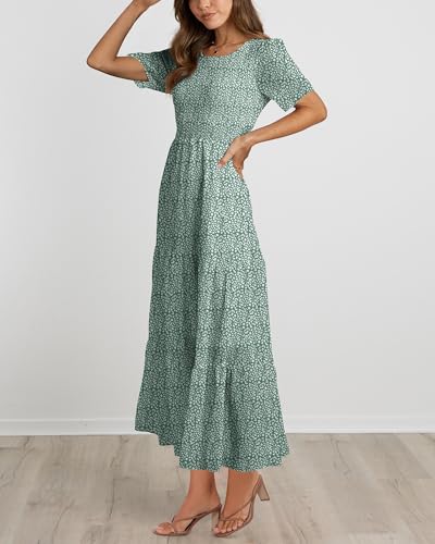Image of BTFBM Women Casual Short Sleeve Crew Neck Summer Dress Bohemian Floral Printed Flowy Maxi Dresses Tiered Cocktail Dress
