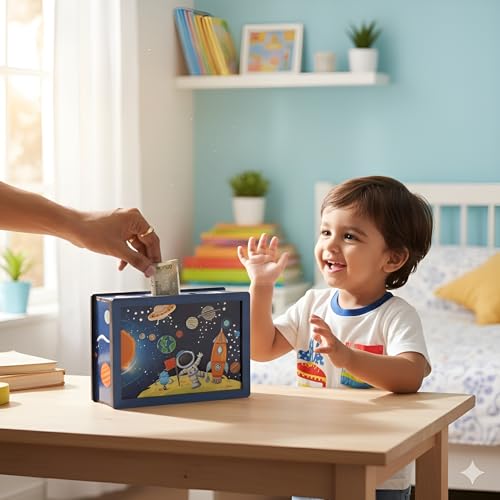 Image of DARSHANAM WORLD Space Theme Money Bank for Kids | Baby Learning Piggy Bank | Cartoon Astronaut Rocket Design Coin & Cash Saving Box | Educational Gift for Children (Galaxy)