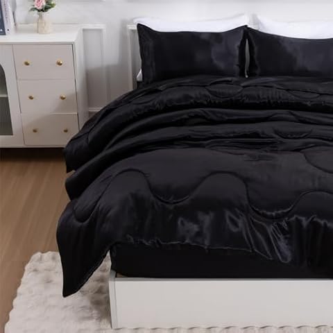 A Nice Night Satin Silky Soft Quilt Luxury Super Soft Microfiber Bedding Thin Comforter Set Full/Queen, Light Weighted (Black, Queen) Cover
