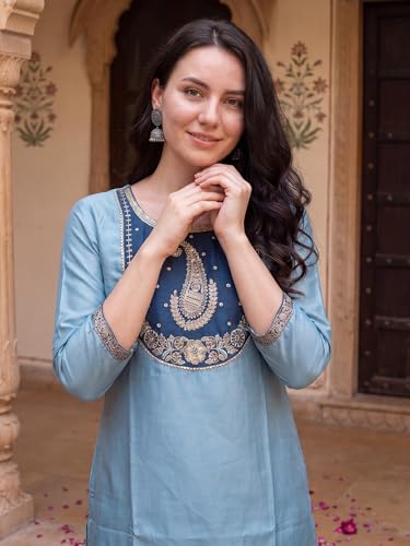 Image of INDO ERA Women's Viscose Self Design Straight Kurta with Pant & Dupatta Set