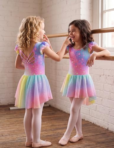 Image of Arshiner Girls Shiny Ruffle Sleeve Ballet Leotard with Skirt Criss-Cross Back Dance Dresses