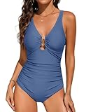 FemiChic Maillot De Bain Femme 1 Pieces Gaine Ventre Plat Maillots Une Pièce Push Up Rembourré Swimsuit Col V Sexy Tankinis Swimwear avec Décorations Métalliques(Bleu,M)
