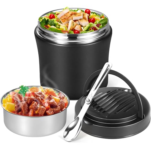 Bibykivn Thermobehälter für Essen - 1200ml Edelstahl Wwarmhaltebehälter mit Löffel, Thermoschüssel mit Deckel, Auslaufsicher Wärmebehälter für Suppen, Joghurt, Porridge (Schwarz, 1200ml)