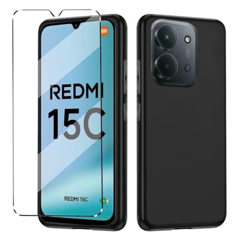 HuiYouMY 2-in-1 Case Compatible with Xiaomi Redmi 15C / POCO C85 Phone cover with 1 Pack Tempered Glass Screen Protector for Redmi 15C, Slim Fit Soft TPU Shockproof Anti-Scratch Phone Case - Black