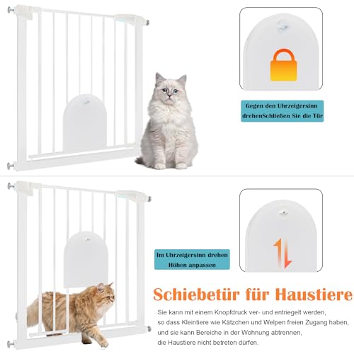 Aufun Treppenschutzgitter Türschutzgitter Kinder ohne Bohren, für 75-85 cm breit, Türgitter mit Druckbefestigung, selbstschließend, Metall Gitter, Hundesicherheitsgitter mit Katzenklappe (Weiß)