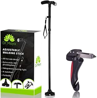 Walking Cane by Dr. Maya with Free Cane for Car Door, Tips & LED Light, Lightweight, Adjustable, Foldable, Pivoting Base, Quad Travel Balance Stick Support for Elderly Men Women - Walker for Seniors