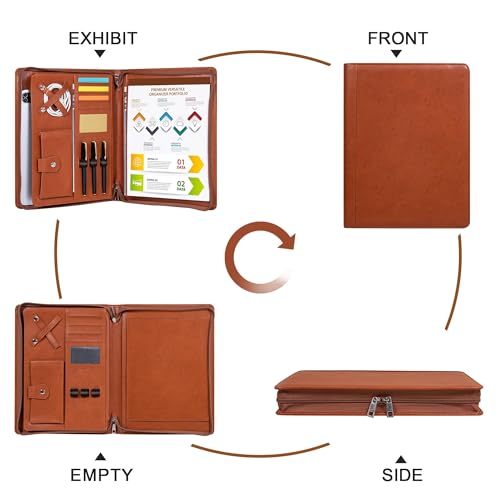 Free Engraved Name,Portfolio Binder with Zipper, Vegan Pu Leather Padfolio for Men and Women, Business Document Organizer with A4 Letter Sized Writing Pad Holder(Brown)