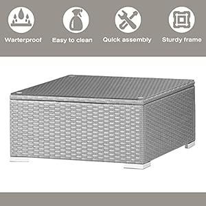 Betterland Patio Furniture Rattan Square Outdoor Coffee Tables All Weather Wicker Coffee Table with Tempered Glass Top for Living Room Backyard Balcony Poolside Garden Grey Wicker