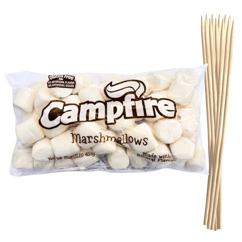 1 Pound of Large White Marshmallows with Bonus Roasting Sticks - Made with Natural Vanilla, No Artificial Flavors - Great for Campfires, S\'Mores, Rice Crisp Bars, Cake Garnishes, Hot Chocolate