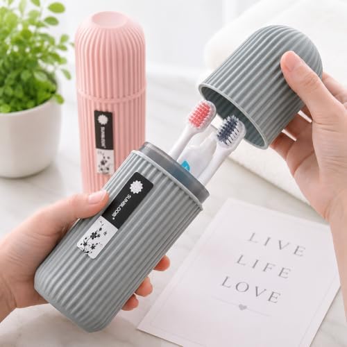 Zollyss 2 Pcs Capsule Shape Travel Toothbrush Holder Set, Portable Toothbrush & Toothpaste Storage Case with Cup, Plastic Tooth Brush Organizer for Travel, Camping & Bathroom, Pink & Grey