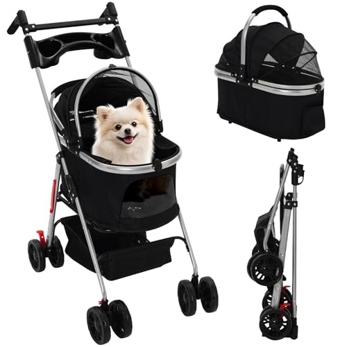 Siairo Poussette 3 en 1 pour chiens de taille moyenne, pliable, jusqu'à 20 kg, caisse de transport pour animaux de compagnie, avec siège auto amovible et compartiment alimentaire