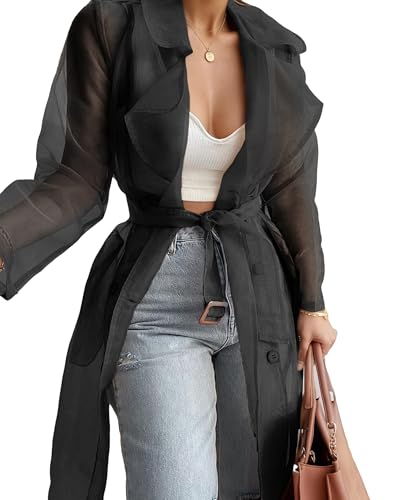 Womens Sheer Organza Lapel Button Cardigan Long Sleeve Belt Open Front Cover Up Solid Jacket Fashion Outwears