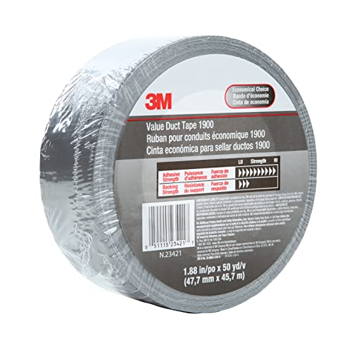 3M Value Duct Tape 1900, Silver Color, Thin Duct Tape, High Tack Adhesive, Moisture Resistant, 1.88 in x 50 yd, 5.8 mil, Individually Wrapped Conveniently Packaged