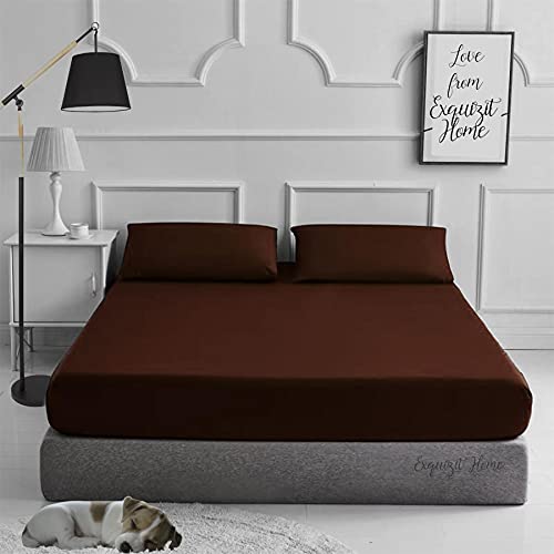 EXQUIZIT HOME Fitted Bed Sheet With Matching FREE 2 X PILLOW CASE Plain Dyed Poly Cotton Percale Easy Care Bed Sheet Chocolate Small Double 4FT