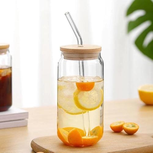[4 Pc Set] Can Shaped Drinking Glass Cups With Bamboo Lid, Glass Straw, And Cleaning Brush. High Borosilicate Glass Material. Excellent For Smoothies, Soda And Iced Coffee. #TOP4
