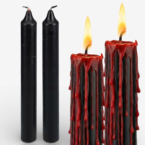 MIJOMA Tropfkerzen 2er Set schwarze Stabkerzen mit rotem Tropfeffekt Dekokerzen für Halloween Tischdeko und Mottoabende für Kerzenhalter geeignet