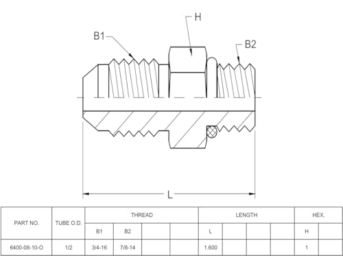 Image of (2-PACK) 6400-08-10-O Hydraulic Hose Adapter Fitting 1 /2 inch Male JIC 37 Flare (3 /4 inch-16UNF) x 5 /8 inch Male O-Ring Boss (7 /8 inch-14UNF) SAE Straight Pipe Joints Tube Connector Carbon Steel