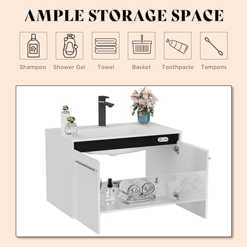 Amerlife AMER230A+96E 31 Inch Led Floating Bathroom Vanity With Sink, High Gloss Single Sink Wall Mounted Bathroom Storage Vanity Cabinet, Modern Bathroom Sink Cabinet With Metal Handles thumb #5