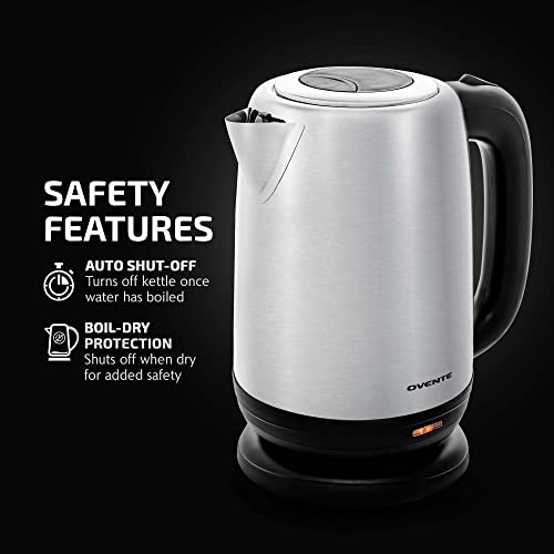Ovente Electric Tea Kettle Stainless Steel 1.7 Liter Portable Instant Hot Water Boiler Heater 1100W Power Fast Boiling With Cordless Body And Automatic Shut Off For Coffee Milk Chocolate Silver Ks27S #TOP1