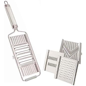 Muxel Gigant 4-way vegetable slicer with 3 additional inserts. V-slicer julienne slicer and Parmesan cheese grater.