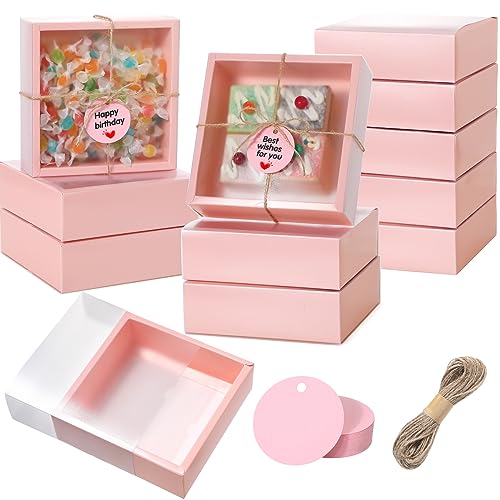 Roowest 50 Sets Gift Boxes Kraft with Tags, 6.5 x 6.5 x 2 Inch, Pink