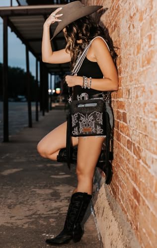 Image of Wrangler Western Handbag for Women Crossbody Bag Top Handle Shoulder Bag Embossed Cowgirl Fringe Purse