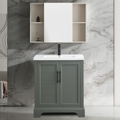 Vanity Art 30 Inch Single Vanity in Vintage Green with Ceramic Sink and Top | Undermount Rectangular Cabinet with Soft Closing Door, No Mirror VA5030-VG
