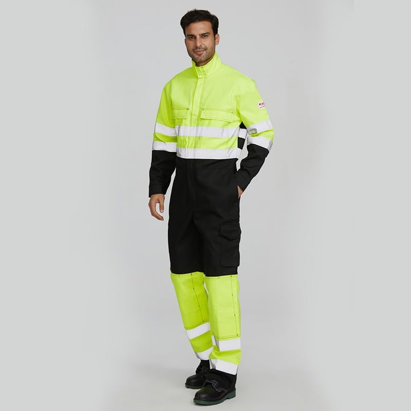 Men's High-Visibility Safety Coveralls with Yellow and Black Reflective Stripes, Fire-Retardant
