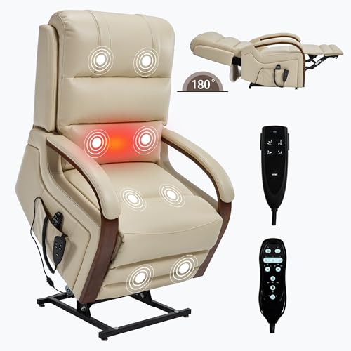 Kolavess beige faux leather lift recliner in the reclined position — the lay-flat back that dual motors make possible without moving the footrest