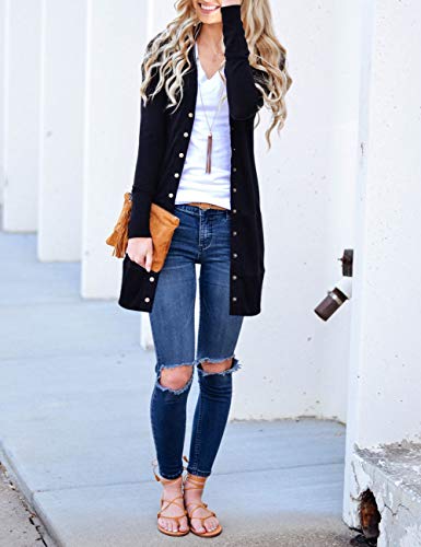 MEROKEETY Women's Long Sleeve Snap Button Down Solid Color Knit Ribbed Neckline Cardigans Black