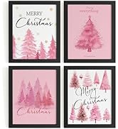 DSHFG Pink Christmas Wall Decor, Cute Pink Santa Trees Wall Art Decor Prints, Merry Christmas Wal...
